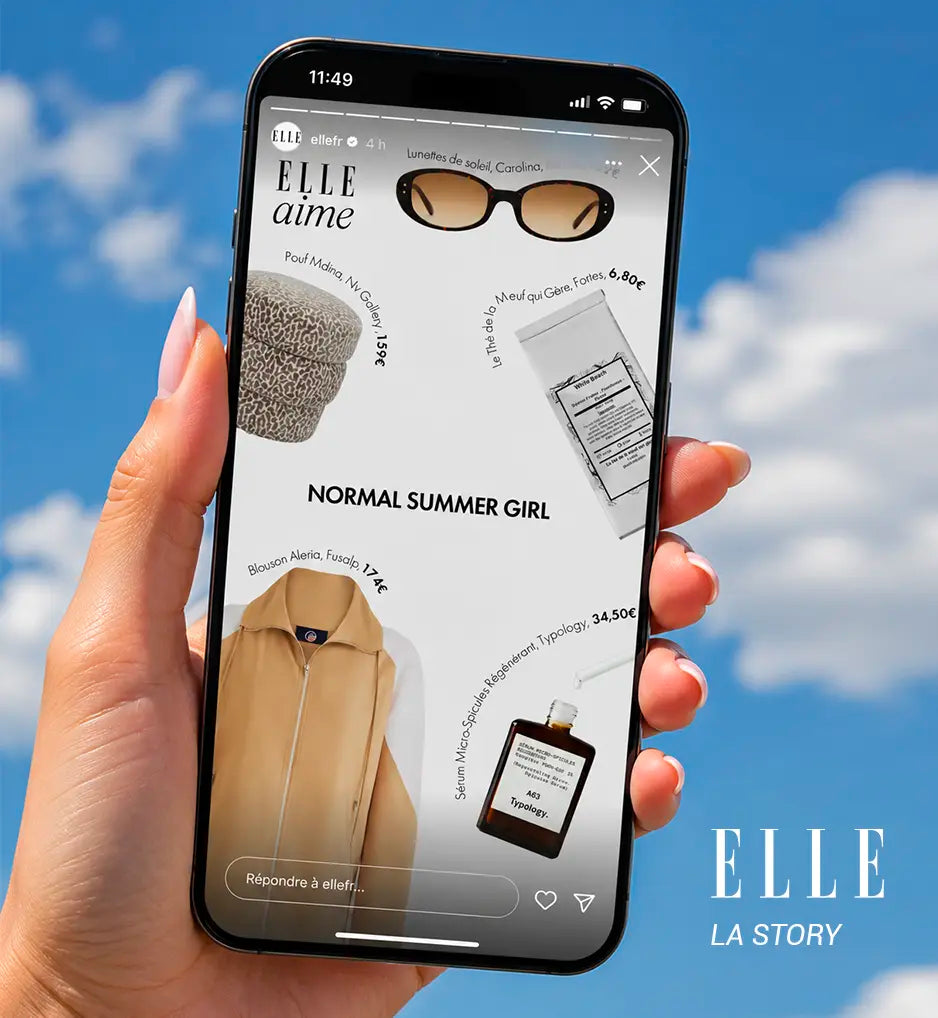Téléphone affichant la story « ELLE aime », avec le sachet de thé Fortes dans une sélection de produits Image