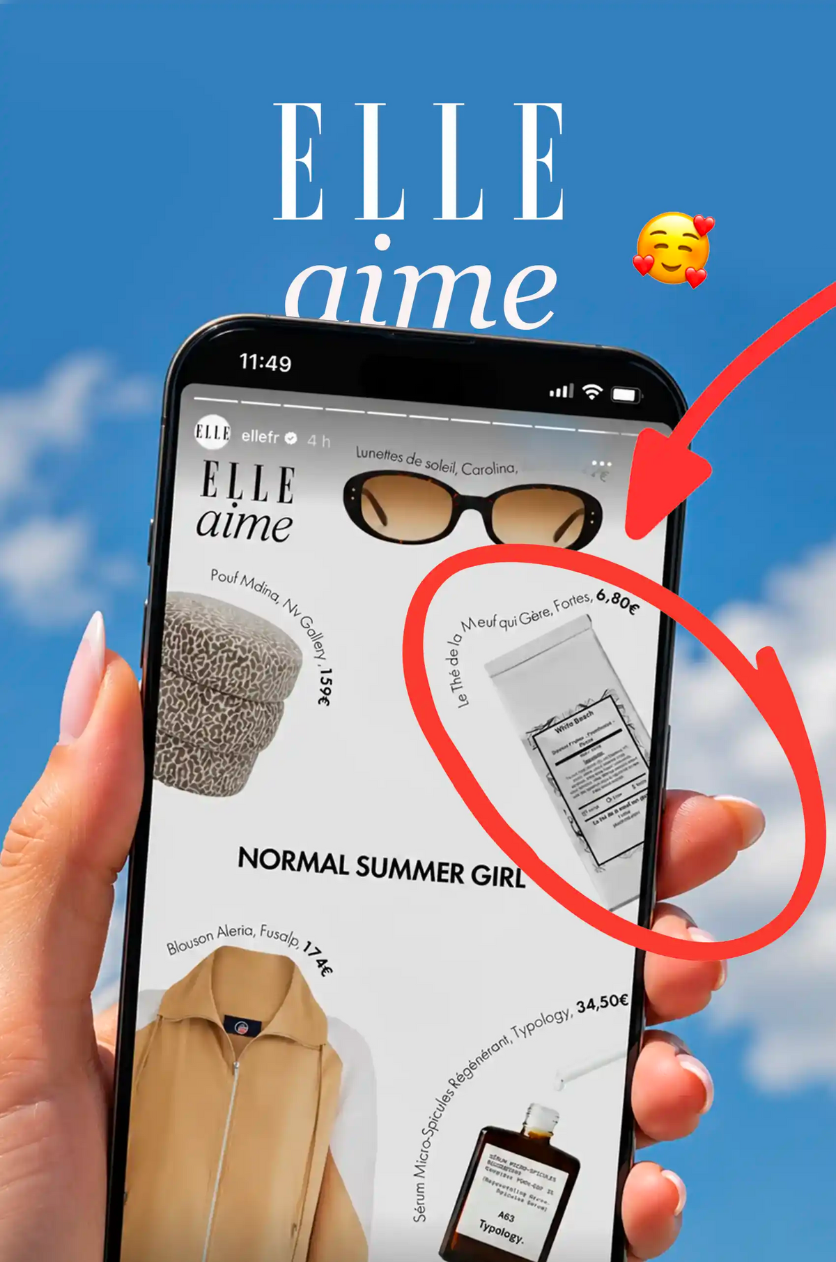 Téléphone affichant la sélection « ELLE aime », avec le sachet de thé Fortes entouré en rouge