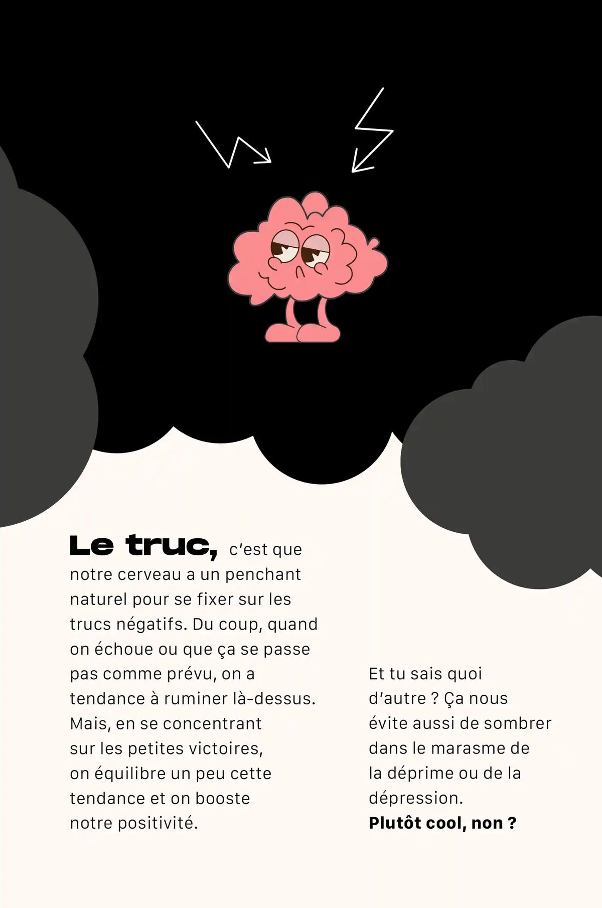 Page du guide Fortes « Fais-le, fête-le » sur les pensées négatives et les émotions positives, avec un cerveau illustré