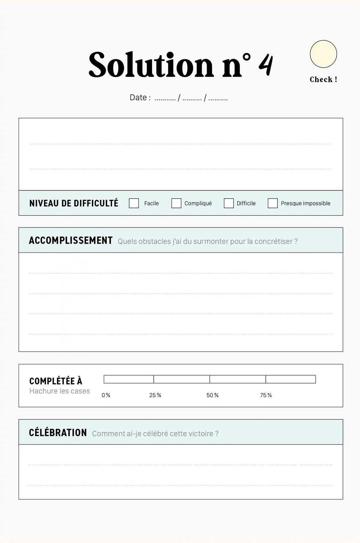 Fiche à remplir du guide Fortes : solution n° 4, difficulté, accomplissement, progression et célébration
