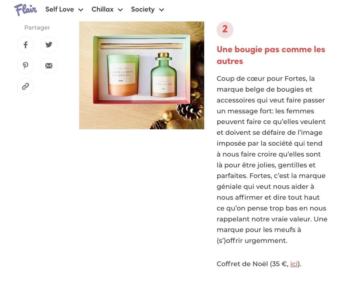 Extrait de l’article Flair « Une bougie pas comme les autres », consacré au coffret bougie et diffuseur Fortes Image