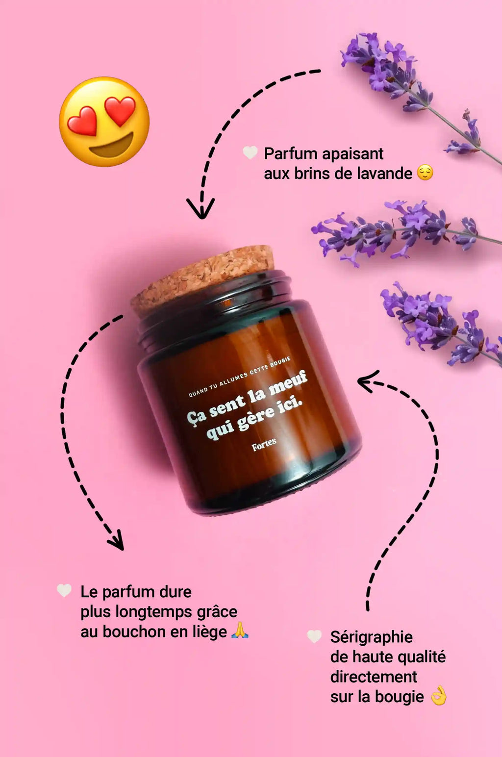 Présentation de la bougie Fortes Lavande : parfum, inscription sérigraphiée et bouchon en liège