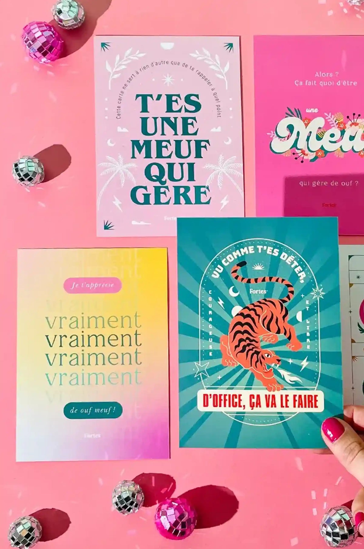 Assortiment de cartes Fortes aux messages encourageants, avec motifs de tigre et couleurs rose et vert