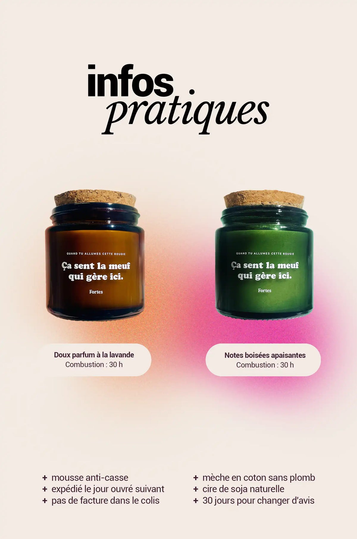Informations du pack Fortes 2 Boss Brillantes : bougies Lavande et Forêt, 30 heures de combustion et caractéristiques