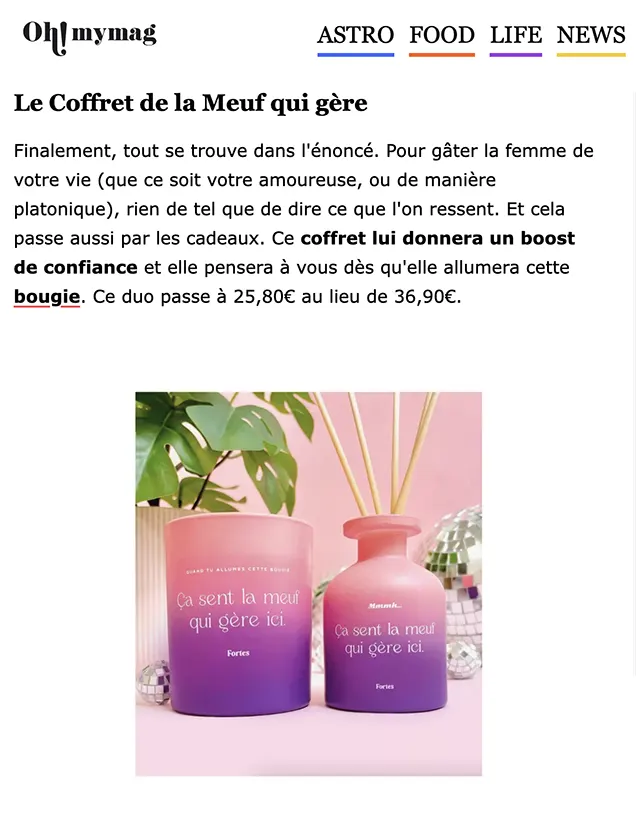 Article Oh my mag consacré au « Coffret de la Meuf qui gère » Fortes, avec bougie et diffuseur Camélia Image