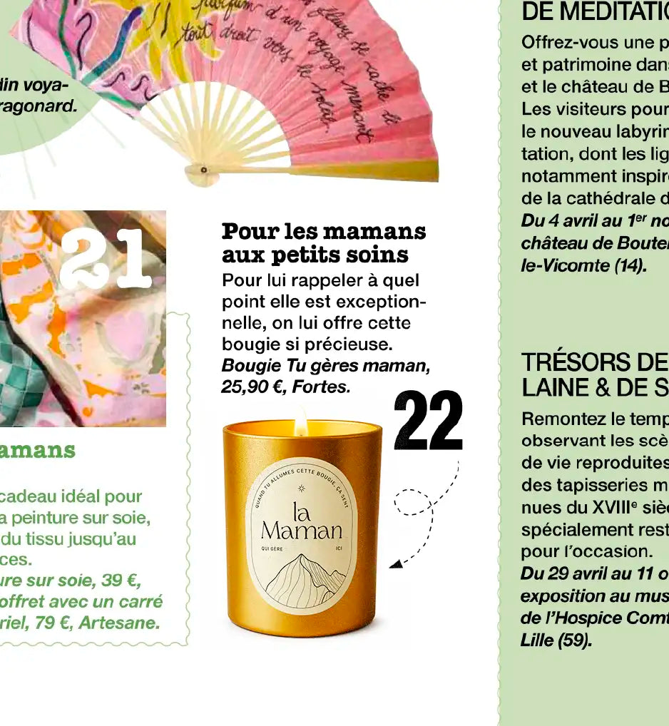 Extrait du magazine Modes & Travaux « Pour les mamans aux petits soins », présentant la bougie Fortes Maman Image
